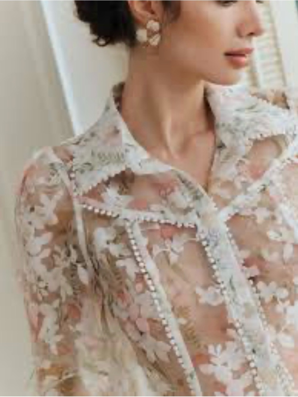 NWT Anewsta Shein Sheer Floral Blouse Women’s Size Small Pom Pom Trim